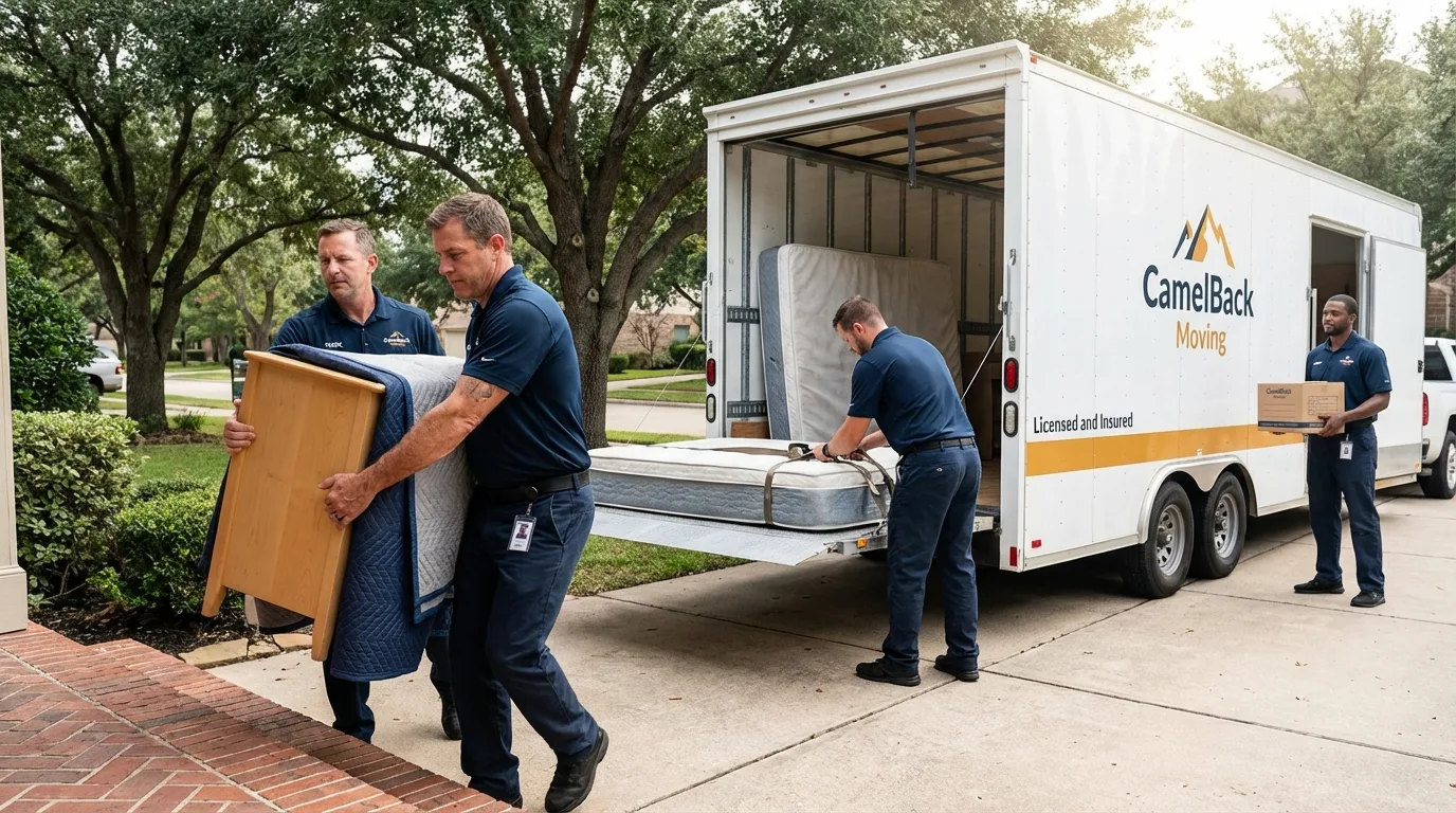 Crew loading residential truck for cross-state move from Harrisburg, IL