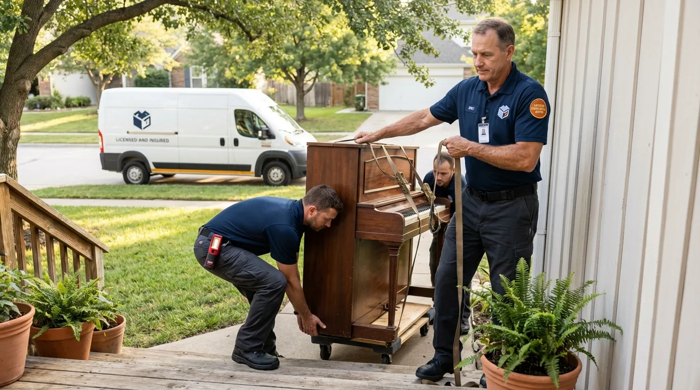 Licensed piano movers securing grand piano in Harrisburg, IL