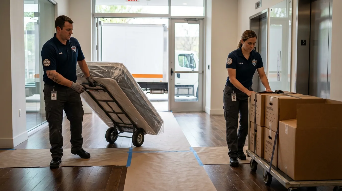 Professional apartment movers loading elevator in Harrisburg, IL