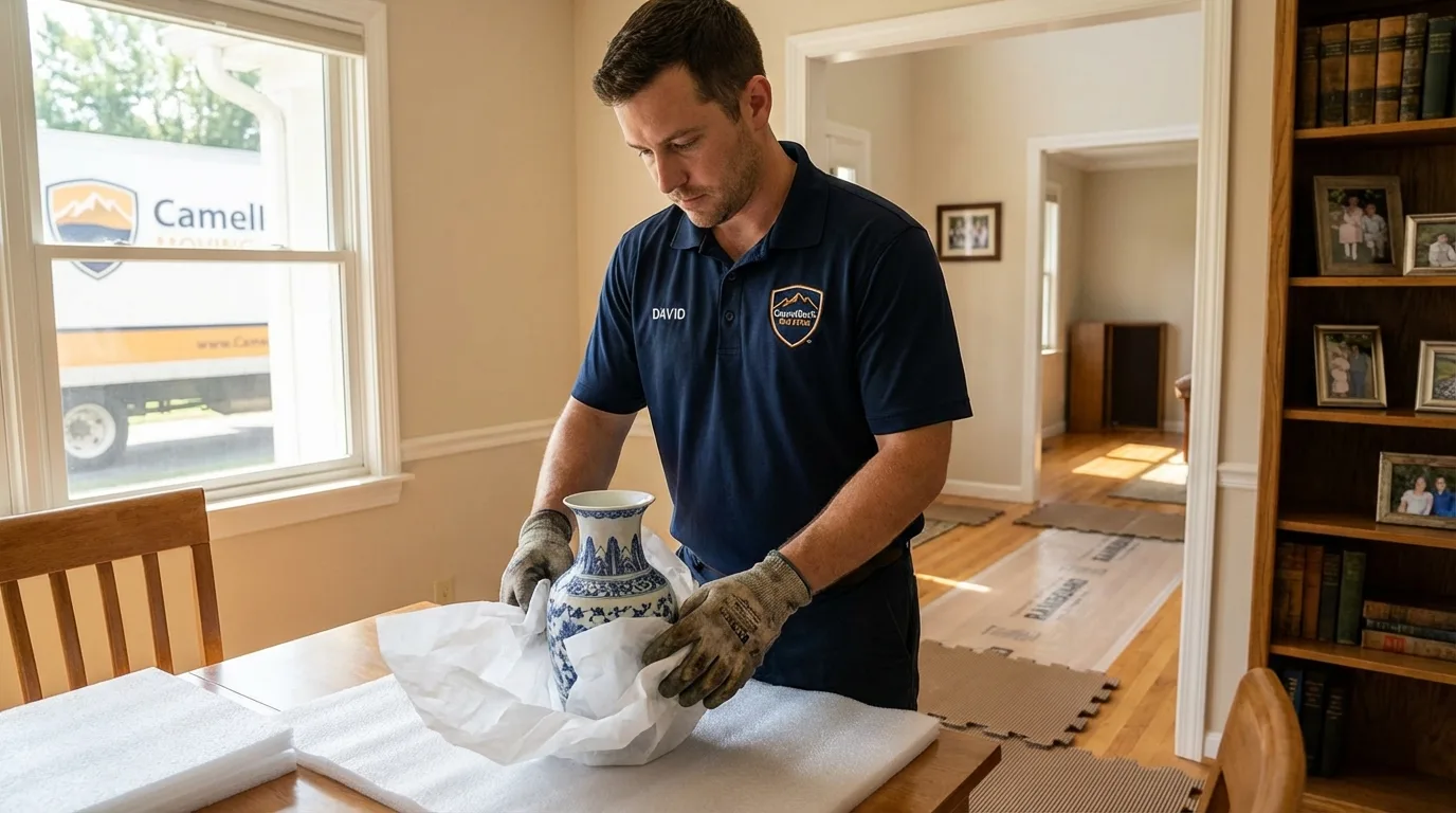 Professional crew carefully wrapping antique vase for senior downsizing move in Harrisburg, IL